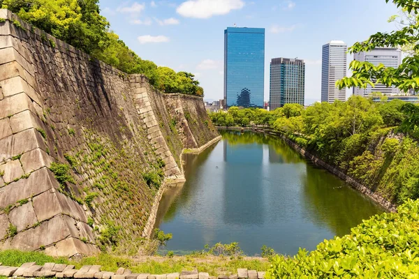 Osaka Daki Beş Katlı Samuray Kalesi Kalenin Hendeğin Koruma Duvarı — Stok fotoğraf