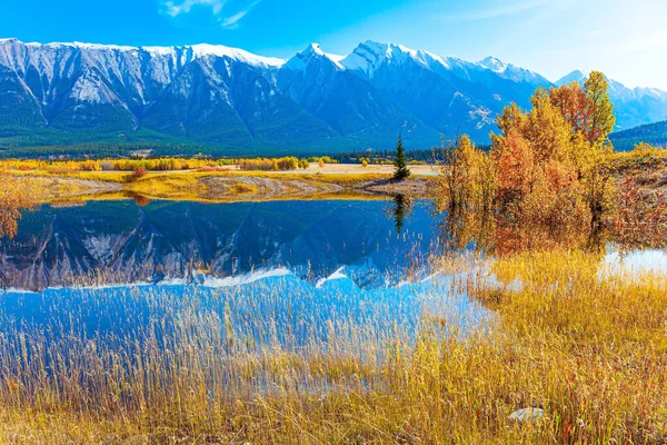 Штучне Озеро Авраам Гладка Вода Відбиває Скелясті Гори Прекрасна Канадська — стокове фото