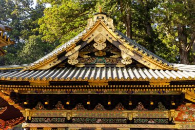 Yaldızlı çatılı muhteşem bir tapınak. Japonya. Nikko Tosho-gu tapınağı ve mabedi Shogun Tokugawa Ieyasu 'ya adanmıştır. İnşaat kompleksi 1617 'de yapıldı. 