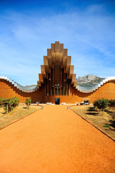 Wspaniała Architektura Bodegas Ysios Pięknie Komponuje Się Otaczającym Krajobrazem Rzędami — Zdjęcie stockowe