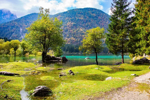 Płytkie Jezioro Fusine Dolomitach Północne Włochy Gładka Powierzchnia Wody Odzwierciedla Zdjęcia Stockowe bez tantiem