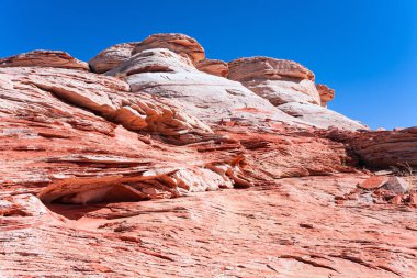 Powell Gölü kıyıları terracotta kırmızı kumtaşından yapılmıştır. Parlak güneşli bir gün. ABD. Utah ve Arizona Eyaletleri. 
