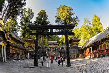 NIKO, JAPAN, APRIL 22, 2023: torii kapısı tapınak binalarının bulunduğu kutsal alana giriştir. Shinto tapınak sembolü. Japonya. Nikko Tosho-gu Nikko 'daki Shinto türbesidir.. 