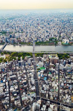 Tokyo 'daki en uzun nehir Sumida-gawa' dır. Tokyo dumanla kaplıdır. Kulenin gözlem güvertesinden manzara.. 