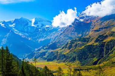Ünlü dağ yolu Grossglognerstrasse. Bulutlarla kaplı karlı dağ zirveleri. Çiçekli dağlık çayırlar ve Hohe Tauern Ulusal Parkı 'nın orman dağları..  