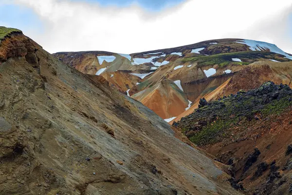 Landmannalaugar. Travel to exotic Iceland. Rhyolite mountains, solidified lava flows and streams changing their courses.