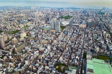  Japonya 'nın başkenti manzarası. Kulenin gözlem güvertesinin manzarası. Sis güzel Tokyo 'yu kapattı. Tokyo 
