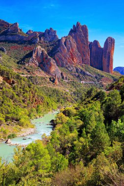 Gallego nehri vadiden akar gider. Riglos 'un muhteşem tokmakları. Güzel kayalar, Pireneler 'in eteklerinin bir parçası. İspanya 'ya romantik bir gezi. Aragon. 