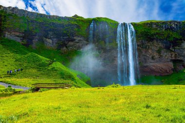 Ünlü ve popüler Seljalandsfoss şelalesi. Egzotik İzlanda 'ya git. Güzel Temmuz günü.