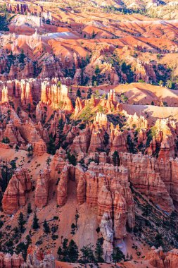 Resimli dev kabadayılar duvarı. Bryce Canyon, ABD. Örümceklere benzeyen kabadayılar gökyüzünü işaret ediyor. Erozyonun yarattığı doğal amfi tiyatro.. 