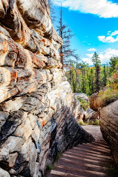 Açılış kapağı kayalar arasında katmanlı bir geçit. Kanada Kayalıkları. Athabasca Şelalesi, Alberta. Jasper Ulusal Parkı. 