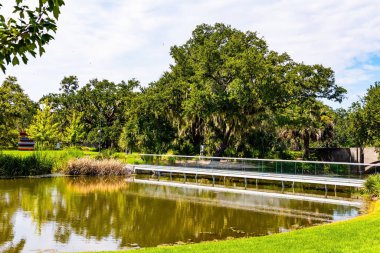 Gölün üzerindeki hafif zarif köprü. - New Orleans. Muhteşem Şehir Parkı. Yüz yıllık meşe ağaçları gölün kıyısında yetişir.