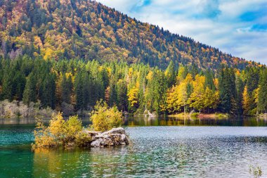 Alpler. Kuzey İtalya ile Slovenya arasındaki sınır. Sarı ağaçlar göle yansıyor. Dolomitler 'deki güzel sessiz göl. Sonbaharın muhteşem renkleri