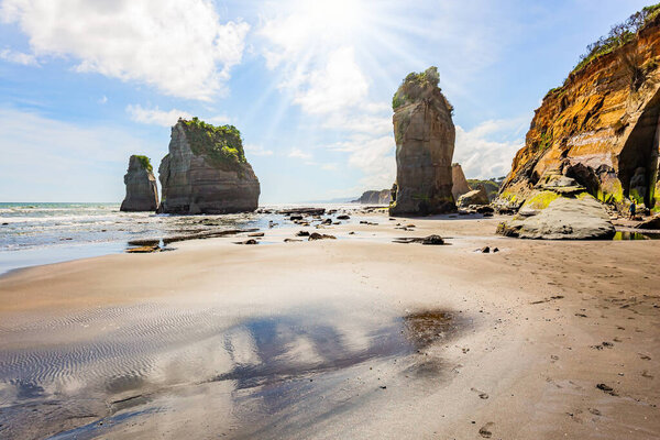 Low tide exposed the coastal strip of the ocean. Coastal cliffs. The Tongaporutu beach on the Pacific coast. North Island. New Zealand.