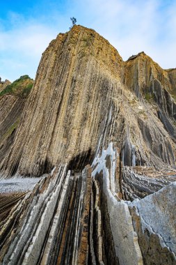 Playa Zumaya Bask ülkesi. Sinek, sular çekildiğinde ortaya çıkan su altı kayalarının benzersiz manzarası. Kumsal Itsurun.. 