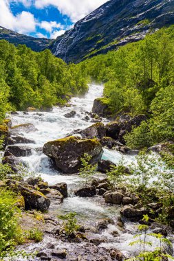 Norveç. Dağlar arasında kayalık dağ deresi akıyor. Harika taze yeşil bitki örtüsü ve gür kar beyazı bulutlar. İskandinavya 'ya git. Trol Merdiveni Yolu