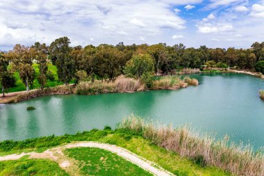 Resimli göl harika bir serinlik getirir. İnsansız hava aracı görüntüleri. Kuş bakışı çekim yapmak. İsrail 'de bahar. Yarkon Park tepelerinde taze yeşil çimenler yetişiyor.. 