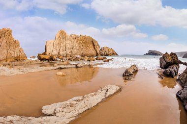 Plajın yumuşak ıslak kumu kayalık kayaları yansıtır. Cantabria, İspanya. Playa de la Arnia plajı. Resimli jeolojik oluşumlar turistleri şaşırtır. Kar beyazı deniz köpüğü parlıyor 