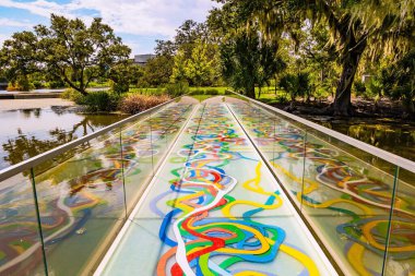 Beautiful bridge with mirrored sides across the lake. Centenary oak trees grow on the shores of the lake. New Orleans. USA. The magnificent City Park. 