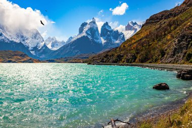 Chiles Patagonia. Los Cuernos 'un karla kaplı siyah uçurumları. Lago Pehoe. Torres del Paine Parkı. Eriyen buzulların suyunun gök mavisi var.. 