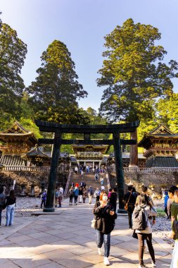 NIKKO, JAPAN, APRIL 22, 2023: Visitors to the temple complex and shrine of Nikko Tosho-gu. Sacred gate - torii. Shinto shrine symbol. Building complex built in 1617. Sunset.  clipart