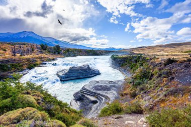 Şelale del Rio Paine. Dünyanın en pitoresk ve egzotik parkının harikaları Torres del Paine. Şelale köpüğü ve köpük. Şili, Güney Amerika 'ya Seyahat.