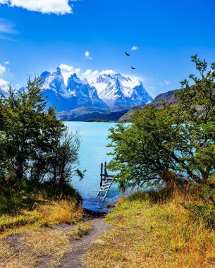 Los Kuernos 'un muhteşem kar kaplı siyah uçurumları. Parlak soğuk güneş. Lago Pehoe. Torres del Paine Parkı. Chiles Patagonia. Eriyen buzulların suyunun gök mavisi var..