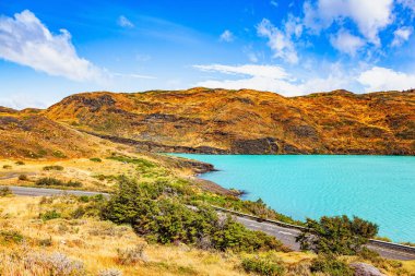 Rio Paine nehri. Soğuk eritilmiş turkuaz renkli buzlu su. Nehir dağların arasından akar. Torres del Paine Ulusal Parkı. Şili Patagonya gezisi. 