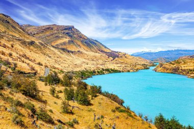 Rio Paine nehri. Soğuk eritilmiş turkuaz renkli buzlu su. Torres del Paine Ulusal Parkı. Nehir dağların arasından akar. Şili Patagonyası. 