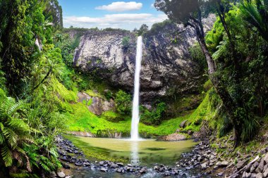 Taş amfitiyatro taşları arasında güçlü bir jet. Gelin Perdesi Şelalesi. Kuzey Adası 'nın en görkemli şelalesi. Yeni Zelanda.