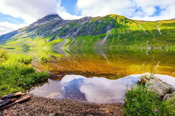 İskandinavya 'da yaz mevsimi. Su yemyeşil bulutları, mavi gökyüzünü ve ormanlı kıyıları yansıtır. Eidsvatnet - Norveç 'teki görkemli göl. Temiz şeffaf suyu olan derin bir göl. Yeşil Dünya. 