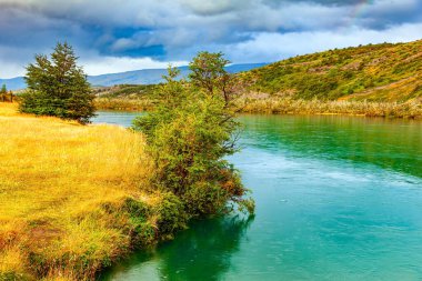 Serrano Nehri 'nin berrak soğuk buzul suyu. Nehir buzullardan gelen erimiş suyla beslenir. Serrano kıyı nehri vadisi. Şili Patagonya 'ya egzotik yolculuk.