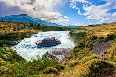 Şelale del Rio Paine. Dünyanın en pitoresk ve egzotik parkının harikaları Torres del Paine. Şili 'ye, Güney Amerika' ya seyahat. Şelale köpüğü ve köpük