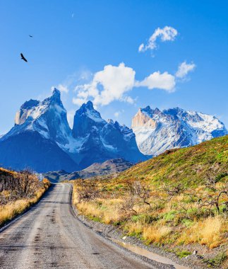 Los Cuernos 'un karla kaplı siyah uçurumları. Pehoe Gölü kıyısındaki toprak yol. Torres del Paine Ulusal Parkı. Şili Patagonya