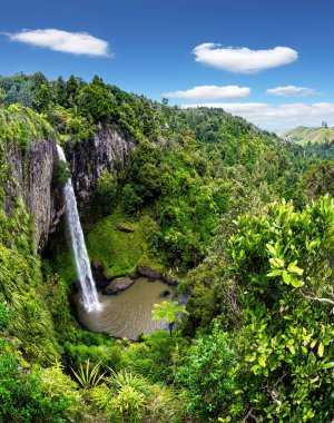 New Zealand. The North Island's most majestic scenic waterfall. Powerful jet among the stone amphitheater of rocks. Bridal Veil Waterfall.  clipart