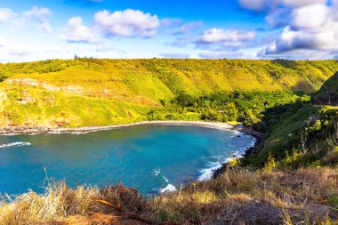 Maui adası. Sessiz bir körfez. Adanın pitoresk sahillerinde ılık okyanus suyu. Hawaii takımadaları.. 
