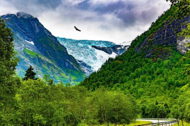 Avrupa kıtasının en büyük buzulu olan Jostedalsbreen dağlarda yer almaktadır. Norveç 'te soğuk bir yaz. Jostedalsbreen Ulusal Parkı. Otoyol dar bir boşlukta esiyor..