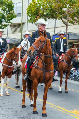 SAN FRANCISCO, ABD - 11 Ekim 2009 Kolomb Günü. Ulusal bayramın onuruna binicilik geçit töreni. İyi giyimli kovboy şapkalı süvariler bakımlı atlara biniyorlar..