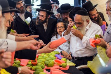 JERUSALEM, ISRAEL - 20 Eylül 2018: Kudüs 'te Pazar. Dindar Yahudiler etrogu seçerler - muhteşem ağacın meyvesi. Sukkot arifesi. Dini ve fotoğraf turizmi kavramı