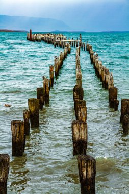 İskelenin harabelerinin kararmış odunları. Şili. Macellan Boğazı. Punta Arenas, Afrika kıtasında yer alan bir şehirdir.. 