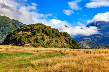 Ufuktaki muhteşem And Dağları. Dünyanın öbür ucuna yolculuk etmek. Efsanevi Carretera Austral. Ahşap çitler yeşil ve sarı çim tarlalarını kaplıyor.. 