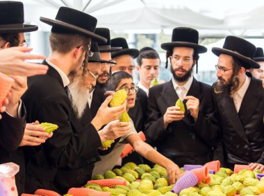JERUSALEM, ISRAEL - 20 Eylül 2018: Dini, etnografik ve fotoğraf turizmi kavramı. Dindar genç Yahudiler etrogu seçiyor. Sukkot arifesinde Kudüs 'te tatil öncesi çarşı. 