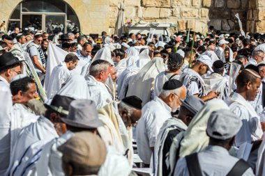 JERUSALEM, ISRAEL - 26 Eylül 2018: sabah sonbahar Sukkot. Ayin kıyafetleri giyen Yahudiler dört adet ayin bitkisine sahipler. Batı Tapınak Duvarı 'nın önündeki bölge insanlarla dolu.
