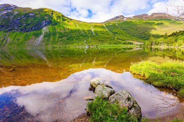 Su yemyeşil bulutları, mavi gökyüzünü ve ormanlı kıyıları yansıtır. Eidsvatnet - Norveç 'teki görkemli göl. Temiz şeffaf suyu olan derin bir göl. Yeşil Dünya. İskandinavya 'da yaz. 