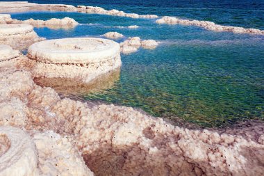Tuz kristallerinin yuvarlak, resim şeklinde oluşumları. Orta Doğu 'daki Ölü Deniz. Tuz kristalizasyonunun sonucu. Sıcak bir günde ünlü deniz. İsrail.