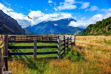 Ahşap çit yeşil çim tarlasını sarar. Dünyanın öbür ucuna yolculuk etmek. Efsanevi Carretera Austral.