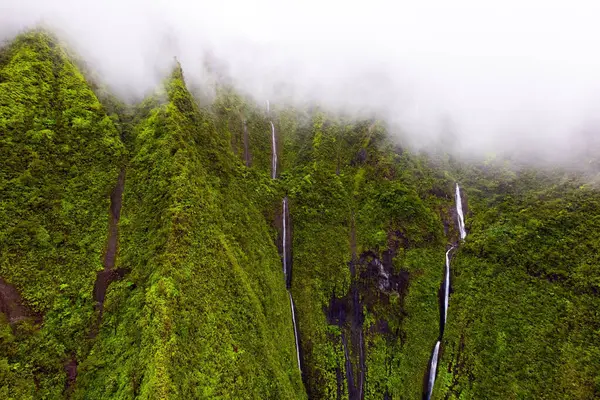 Polinezya Adaları. Kapıları kapalı helikopter uçuşu. Kuş gözüyle Kauai adasının göz kamaştırıcı manzarası. Adanın kıyı şeridine yürüyüş için ulaşılamaz. Dağlarda sis ve şelaleler.