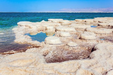 Tuz kristallerinin yuvarlak oluşumları. Orta Doğu 'daki Ölü Deniz. Tuz kristalizasyonunun resim gibi bir sonucu. Sıcak bir günde ünlü deniz. İsrail.