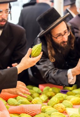 JERUSALEM, ISRAEL - 20 Eylül 2018: Sukkot arifesinde Kudüs 'te tatil öncesi pazar. Dindar genç Yahudiler etrogu seçiyor. Dini, etnografik ve fotoğraf turizmi kavramı