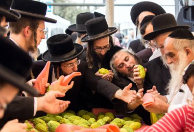 JERUSALEM, ISRAEL - 20 Eylül 2018: Fotoğraf turizmi kavramı. Dindar Yahudiler muhteşem bir ağacın meyvesi olan etrog satın alıyorlar. Kudüs 'teki pazar, Sukkot arifesinde.